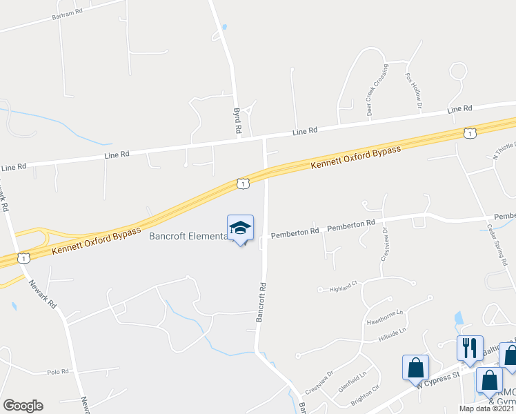 map of restaurants, bars, coffee shops, grocery stores, and more near 251 Bancroft Road in Kennett Square