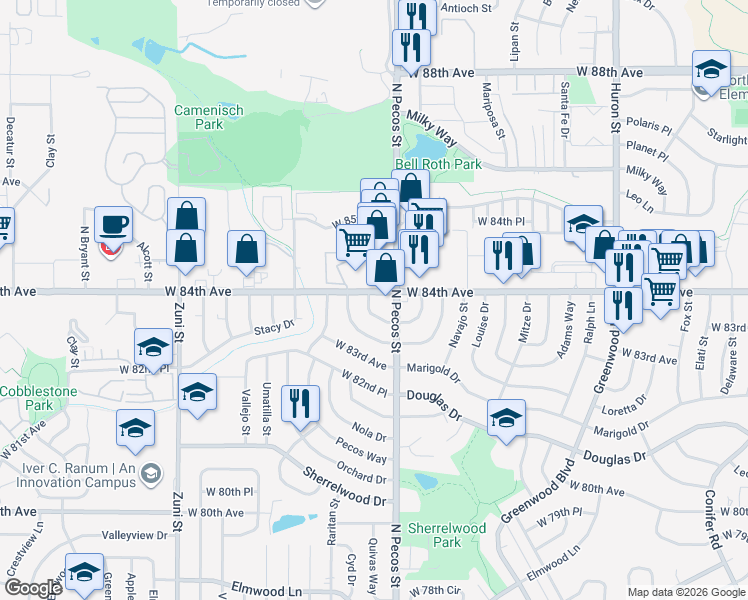 map of restaurants, bars, coffee shops, grocery stores, and more near 8379 Quivas Way in Denver