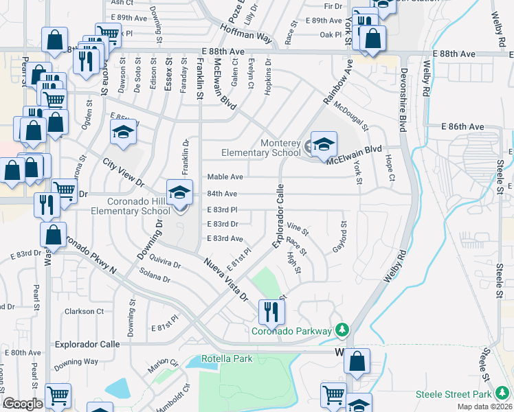 map of restaurants, bars, coffee shops, grocery stores, and more near 1820 East 84th Avenue in Thornton