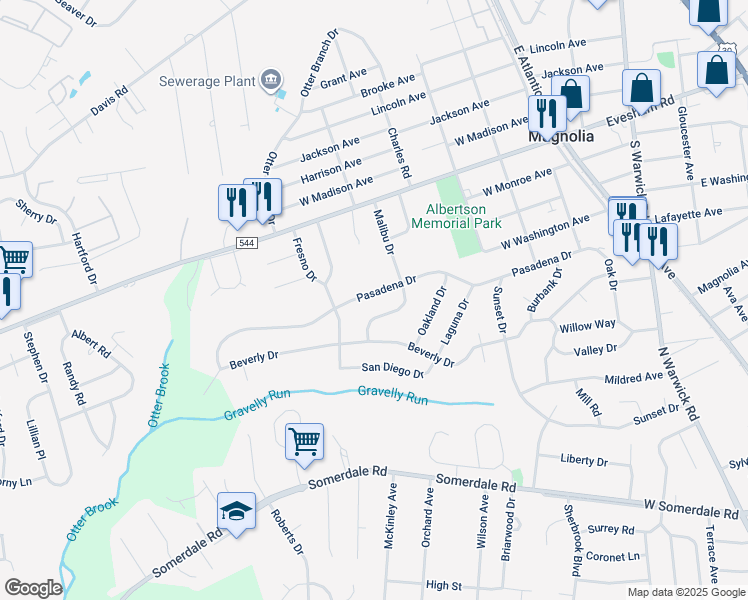map of restaurants, bars, coffee shops, grocery stores, and more near 604 Pasadena Drive in Magnolia