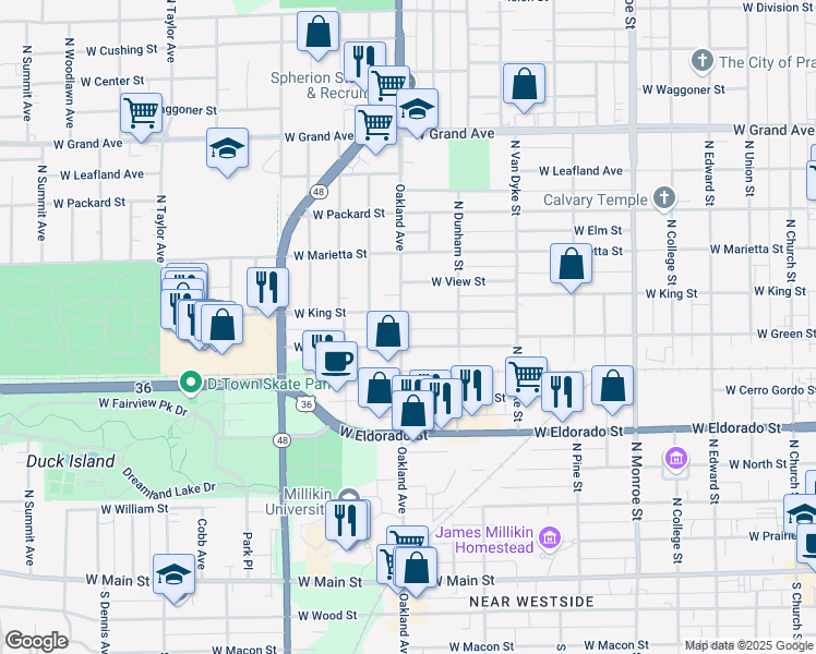 map of restaurants, bars, coffee shops, grocery stores, and more near 1001-1099 W King St in Decatur