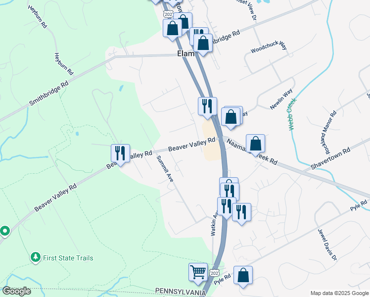 map of restaurants, bars, coffee shops, grocery stores, and more near 36 Beaver Valley Road in Chadds Ford