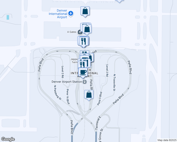map of restaurants, bars, coffee shops, grocery stores, and more near 6900 Pena Boulevard in Denver