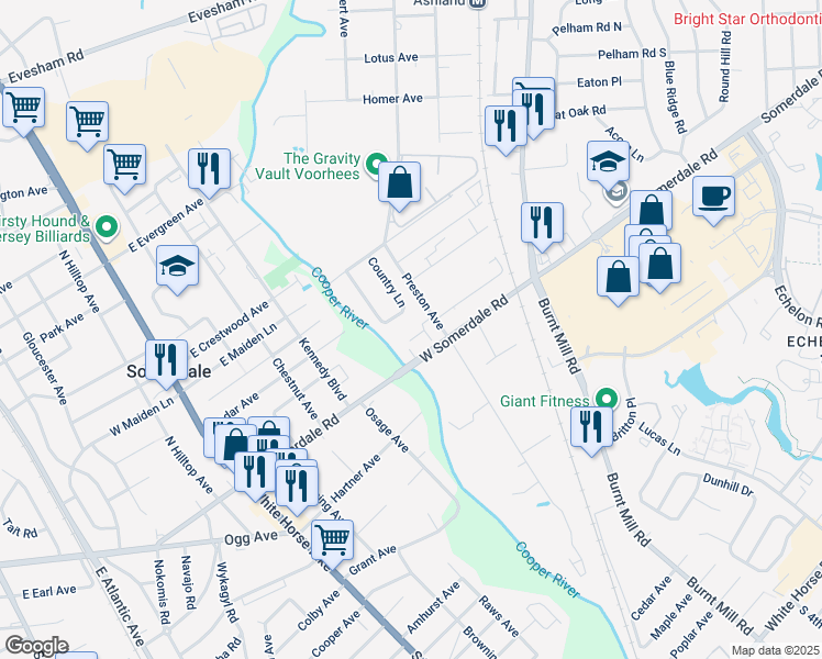 map of restaurants, bars, coffee shops, grocery stores, and more near 19 Country Lane in Voorhees Township