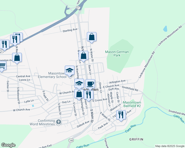 map of restaurants, bars, coffee shops, grocery stores, and more near 201 North Water Street in Masontown