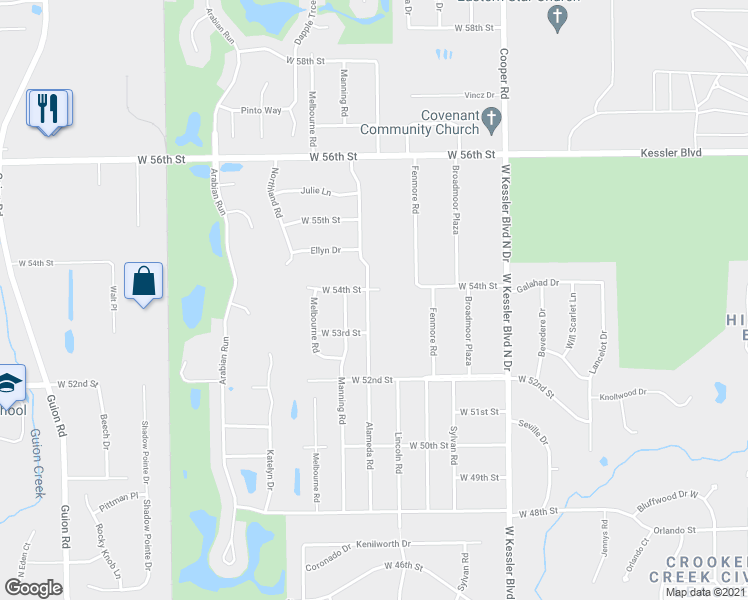 map of restaurants, bars, coffee shops, grocery stores, and more near 3339 West 54th Street in Indianapolis