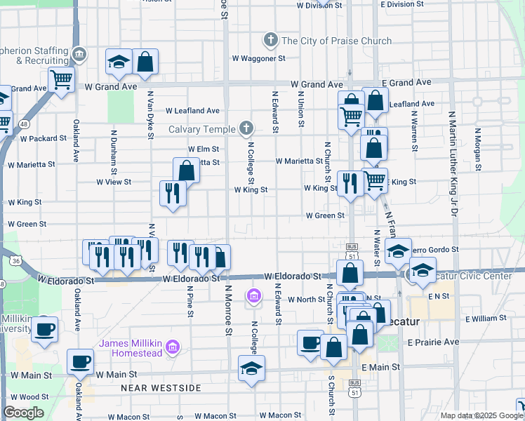 map of restaurants, bars, coffee shops, grocery stores, and more near 826 North College Street in Decatur