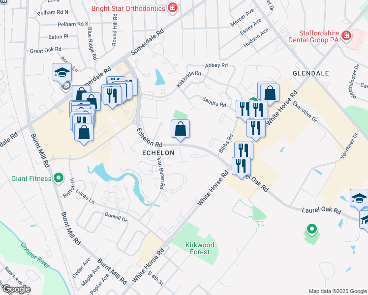 map of restaurants, bars, coffee shops, grocery stores, and more near 286 Echelon Road in Voorhees Township