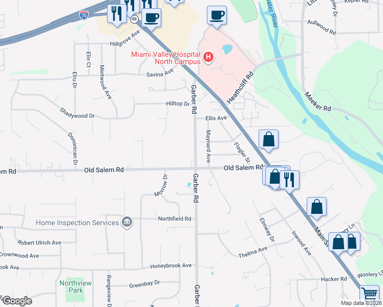 map of restaurants, bars, coffee shops, grocery stores, and more near 7045 Garber Road in Dayton