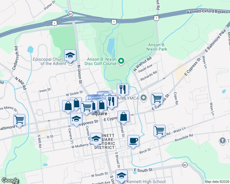 map of restaurants, bars, coffee shops, grocery stores, and more near 311 East Linden Street in Kennett Square