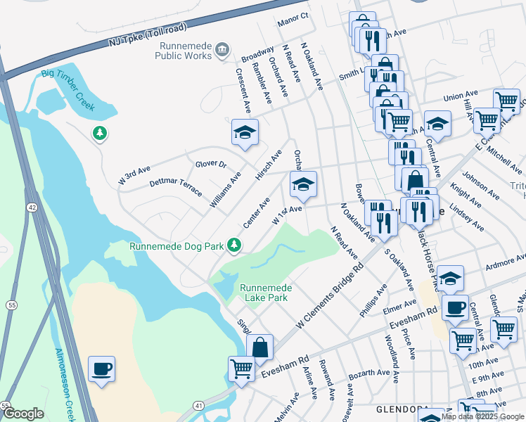 map of restaurants, bars, coffee shops, grocery stores, and more near 424 Center Avenue in Runnemede