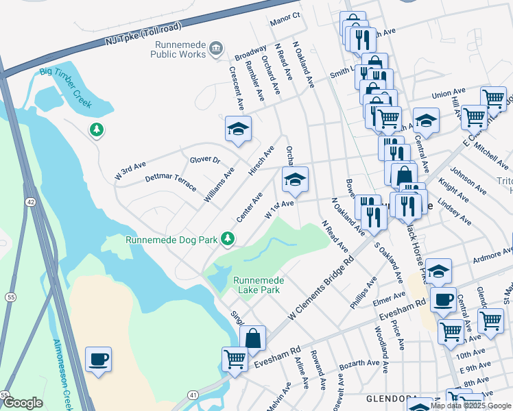 map of restaurants, bars, coffee shops, grocery stores, and more near 424 Center Avenue in Runnemede
