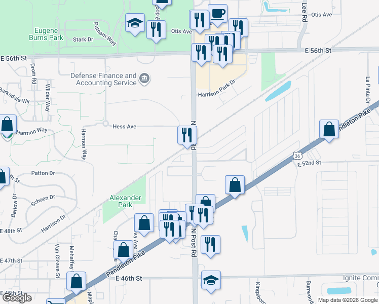 map of restaurants, bars, coffee shops, grocery stores, and more near 5150 North Post Road in Indianapolis