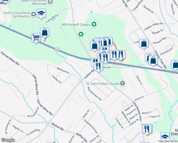 map of restaurants, bars, coffee shops, grocery stores, and more near 1508 Larkin Road in Boothwyn