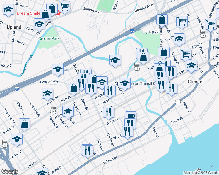 map of restaurants, bars, coffee shops, grocery stores, and more near 326 West 8th Street in Chester