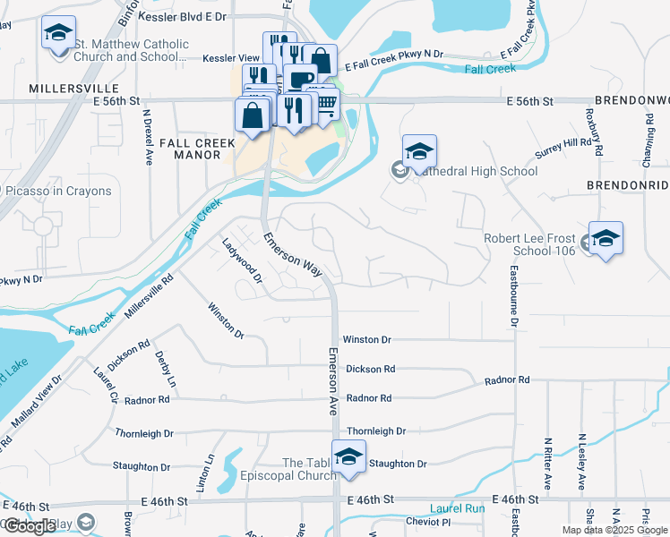 map of restaurants, bars, coffee shops, grocery stores, and more near 5241 Whisperwood Lane in Indianapolis