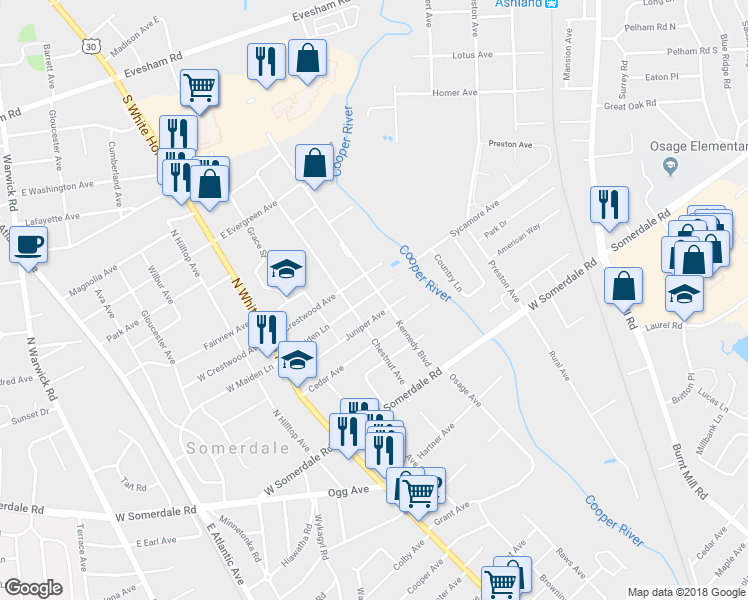 map of restaurants, bars, coffee shops, grocery stores, and more near 115 Kennedy Boulevard in Somerdale