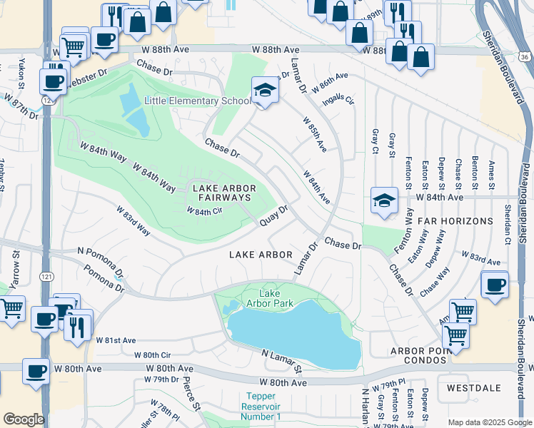 map of restaurants, bars, coffee shops, grocery stores, and more near 8387 Quay Drive in Arvada