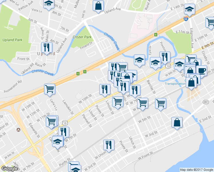 map of restaurants, bars, coffee shops, grocery stores, and more near 1010 Concord Avenue in Chester