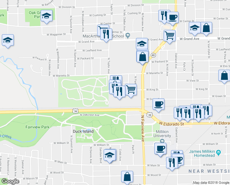 map of restaurants, bars, coffee shops, grocery stores, and more near 1691 West King Street in Decatur