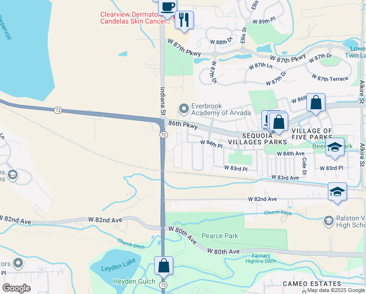 map of restaurants, bars, coffee shops, grocery stores, and more near 8394 Holman Street in Arvada