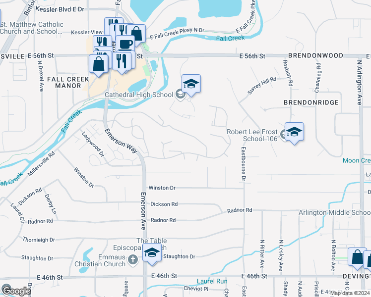 map of restaurants, bars, coffee shops, grocery stores, and more near 5234 Hawks Point Rd in Indianapolis