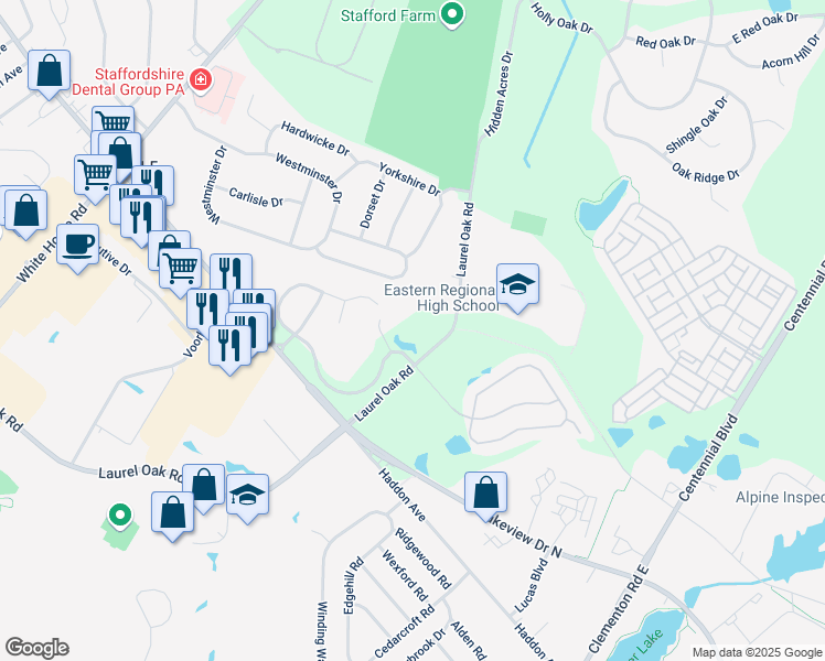 map of restaurants, bars, coffee shops, grocery stores, and more near 1202 Laurel Oak Road in Voorhees Township