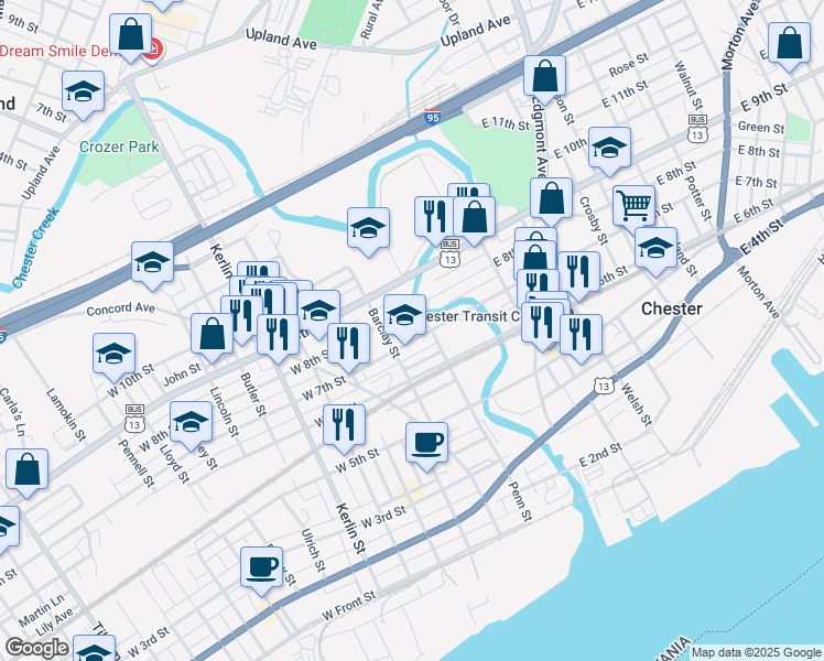 map of restaurants, bars, coffee shops, grocery stores, and more near 214 West 7th Street in Chester