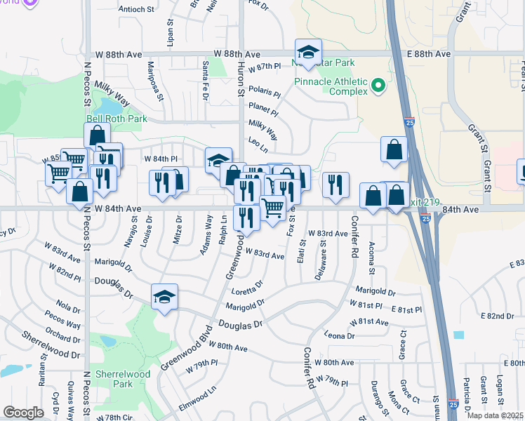 map of restaurants, bars, coffee shops, grocery stores, and more near 700 West 84th Avenue in Thornton