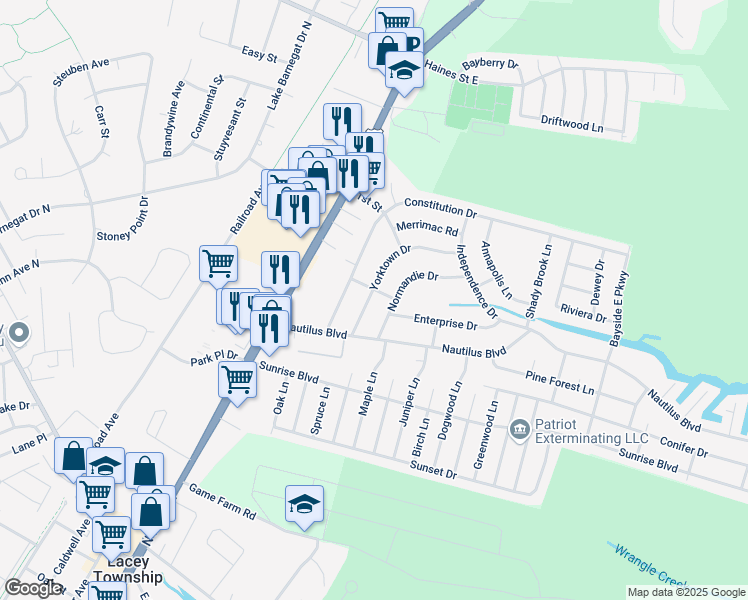 map of restaurants, bars, coffee shops, grocery stores, and more near 315 Yorktown Drive in Lacey Township