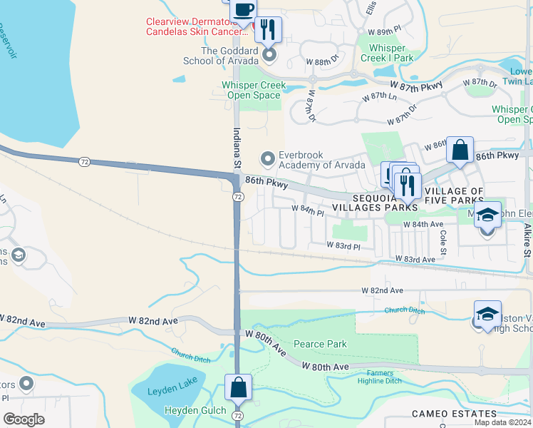 map of restaurants, bars, coffee shops, grocery stores, and more near 8394 Holman Street in Arvada