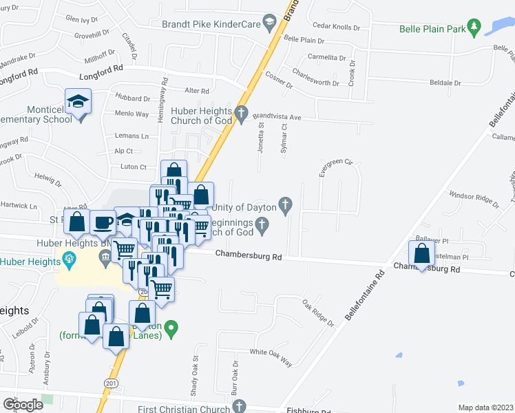 map of restaurants, bars, coffee shops, grocery stores, and more near 6698 Brandonview Court in Dayton
