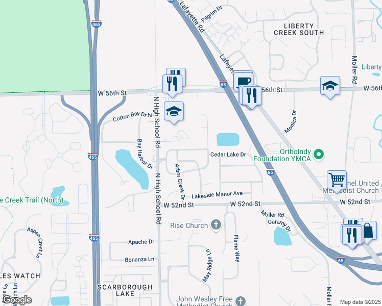 map of restaurants, bars, coffee shops, grocery stores, and more near 6121 Lake Freeman Drive in Indianapolis
