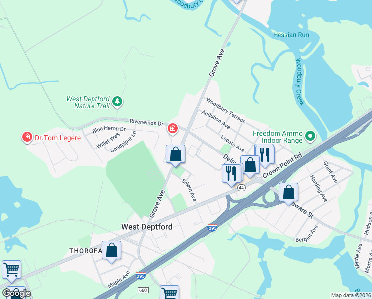 map of restaurants, bars, coffee shops, grocery stores, and more near 118 Brent Court in West Deptford