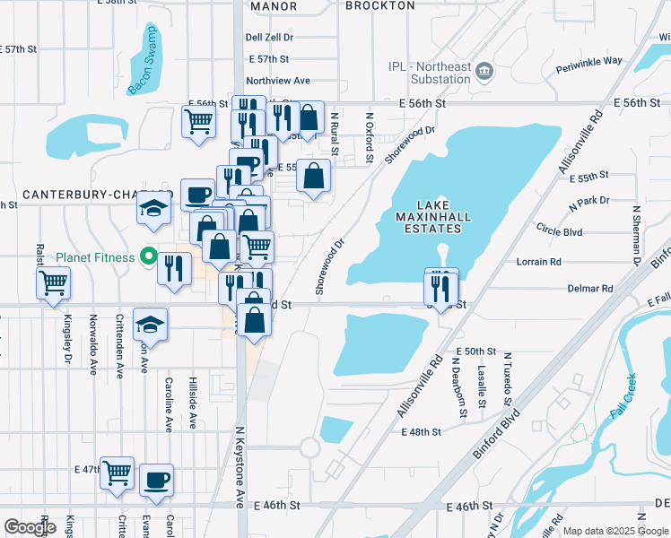 map of restaurants, bars, coffee shops, grocery stores, and more near 5253 Shorewood Dr in Indianapolis