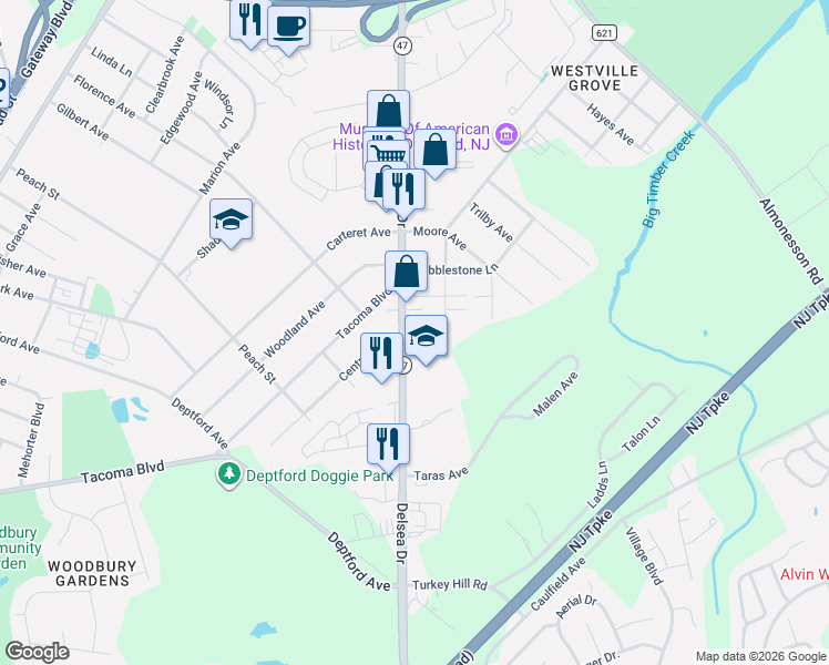 map of restaurants, bars, coffee shops, grocery stores, and more near 1127 Delsea Dr in Westville