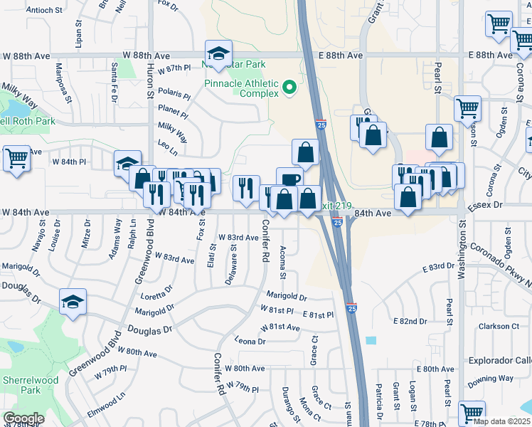 map of restaurants, bars, coffee shops, grocery stores, and more near W 84th Ave & Conifer Rd in Sherrelwood