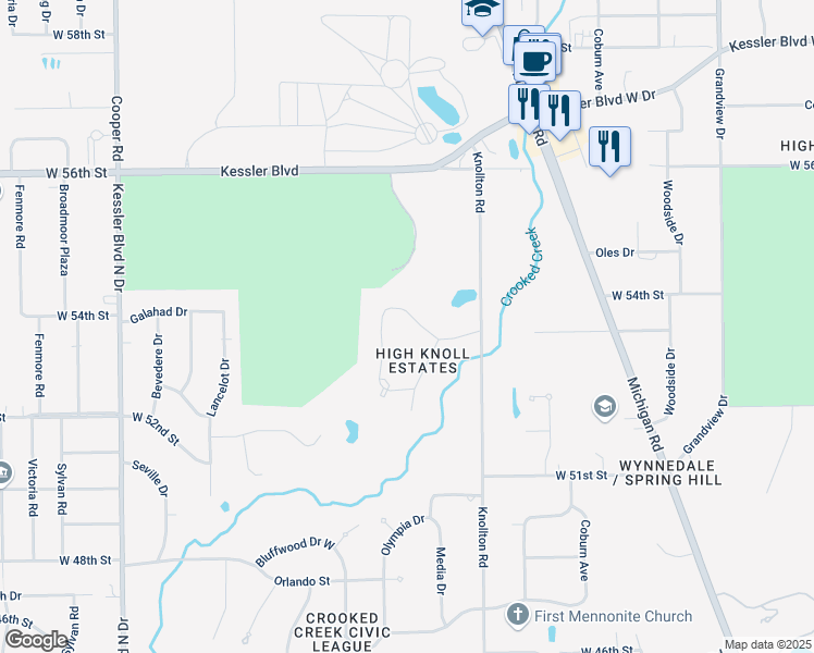 map of restaurants, bars, coffee shops, grocery stores, and more near 2247 Galahad Drive in Indianapolis