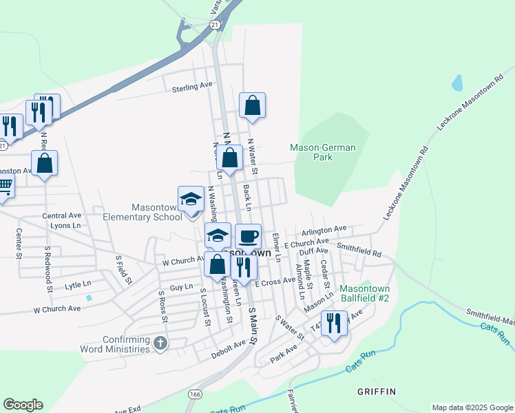 map of restaurants, bars, coffee shops, grocery stores, and more near 201 North Water Street in Masontown