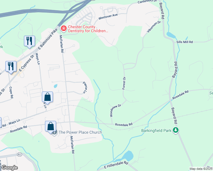 map of restaurants, bars, coffee shops, grocery stores, and more near 213 Blue Spruce Drive in Kennett Square