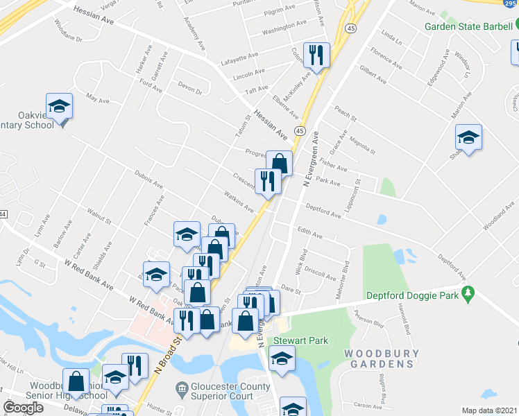 map of restaurants, bars, coffee shops, grocery stores, and more near 911 North Broad Street in Woodbury