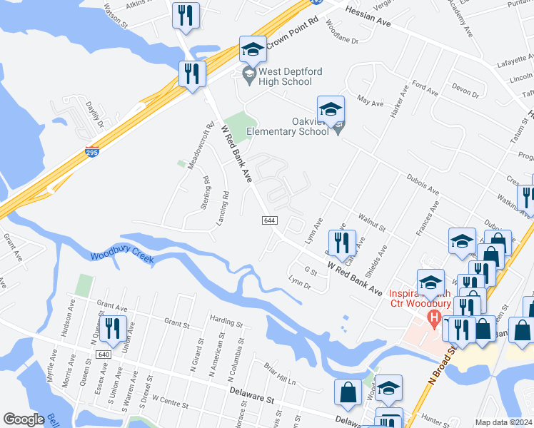 map of restaurants, bars, coffee shops, grocery stores, and more near 676 West Red Bank Avenue in Woodbury