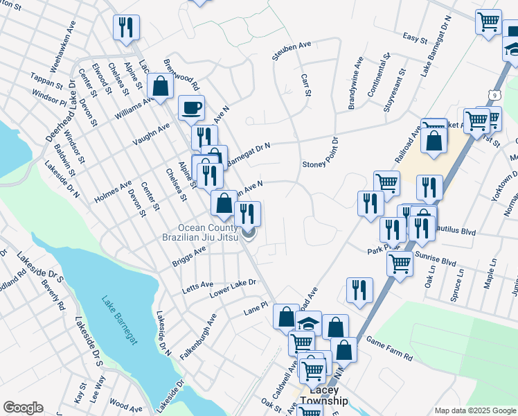 map of restaurants, bars, coffee shops, grocery stores, and more near 330 Eleanor Road in Lacey Township