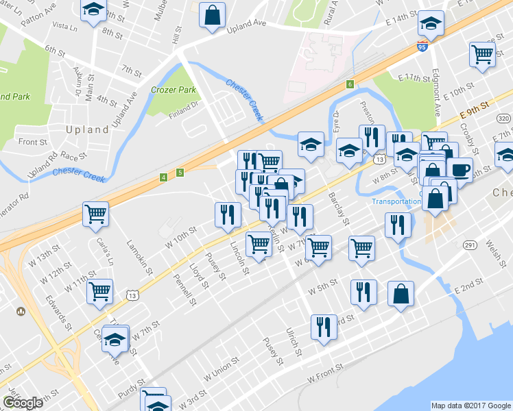 map of restaurants, bars, coffee shops, grocery stores, and more near 922 Kerlin Street in Chester