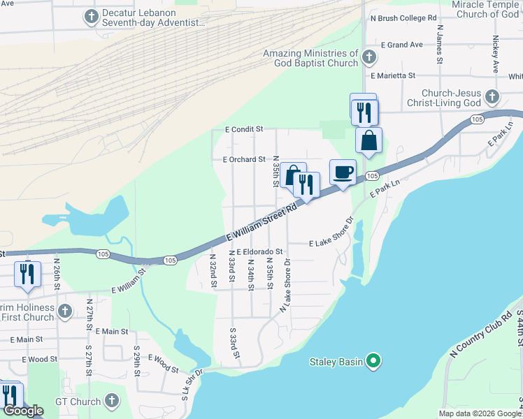 map of restaurants, bars, coffee shops, grocery stores, and more near 3501-3599 East Wabash Avenue in Decatur