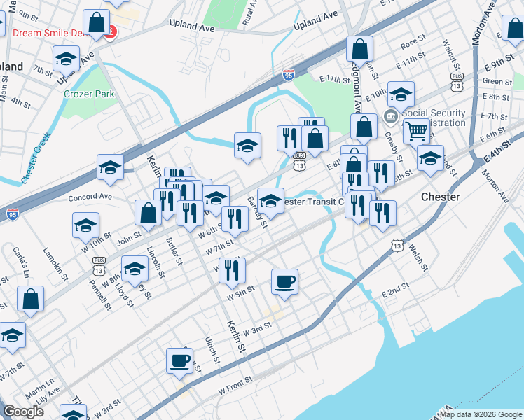 map of restaurants, bars, coffee shops, grocery stores, and more near 717 Barclay Street in Chester