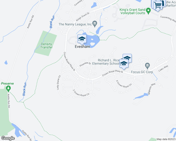 map of restaurants, bars, coffee shops, grocery stores, and more near 501 Monticello Court in Evesham