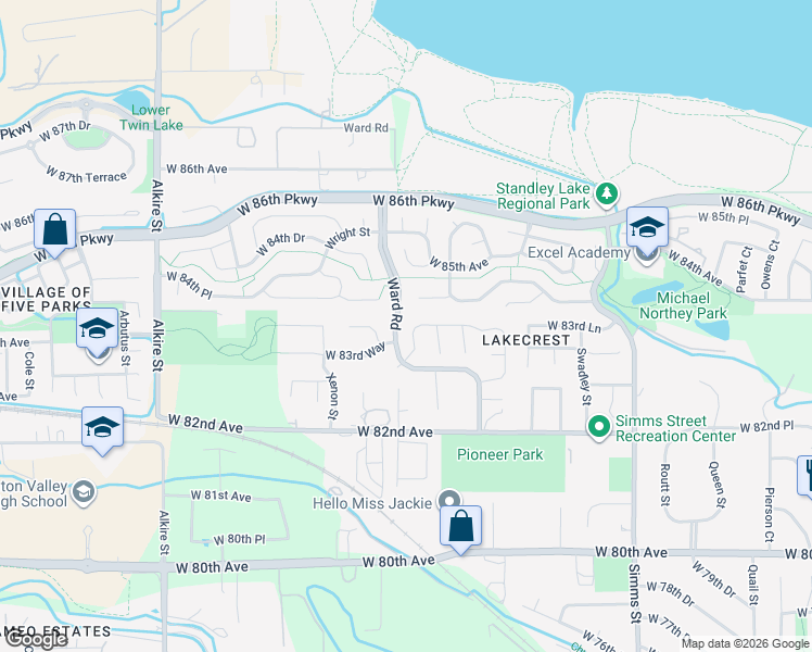 map of restaurants, bars, coffee shops, grocery stores, and more near 8347 Vivian Street in Arvada