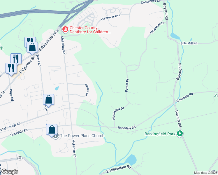 map of restaurants, bars, coffee shops, grocery stores, and more near 213 Blue Spruce Drive in Kennett Square
