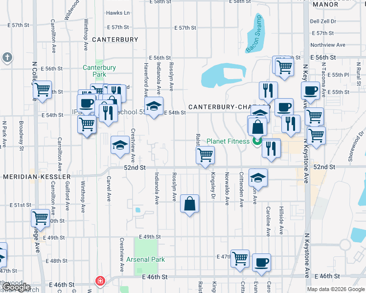 map of restaurants, bars, coffee shops, grocery stores, and more near 5260 Primrose Avenue in Indianapolis